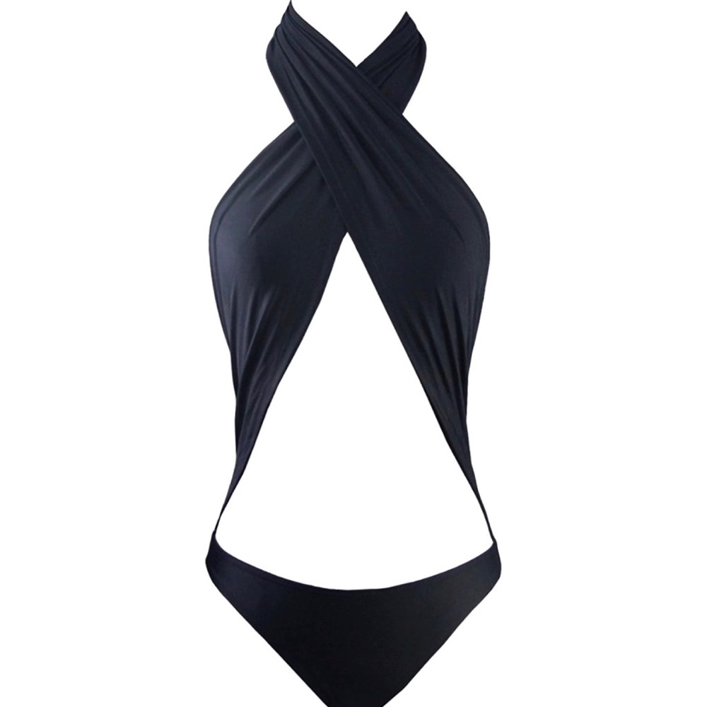 Sexy Solid Black Criss Cross Wrap Halter Cutout Monokini Swimsuit M